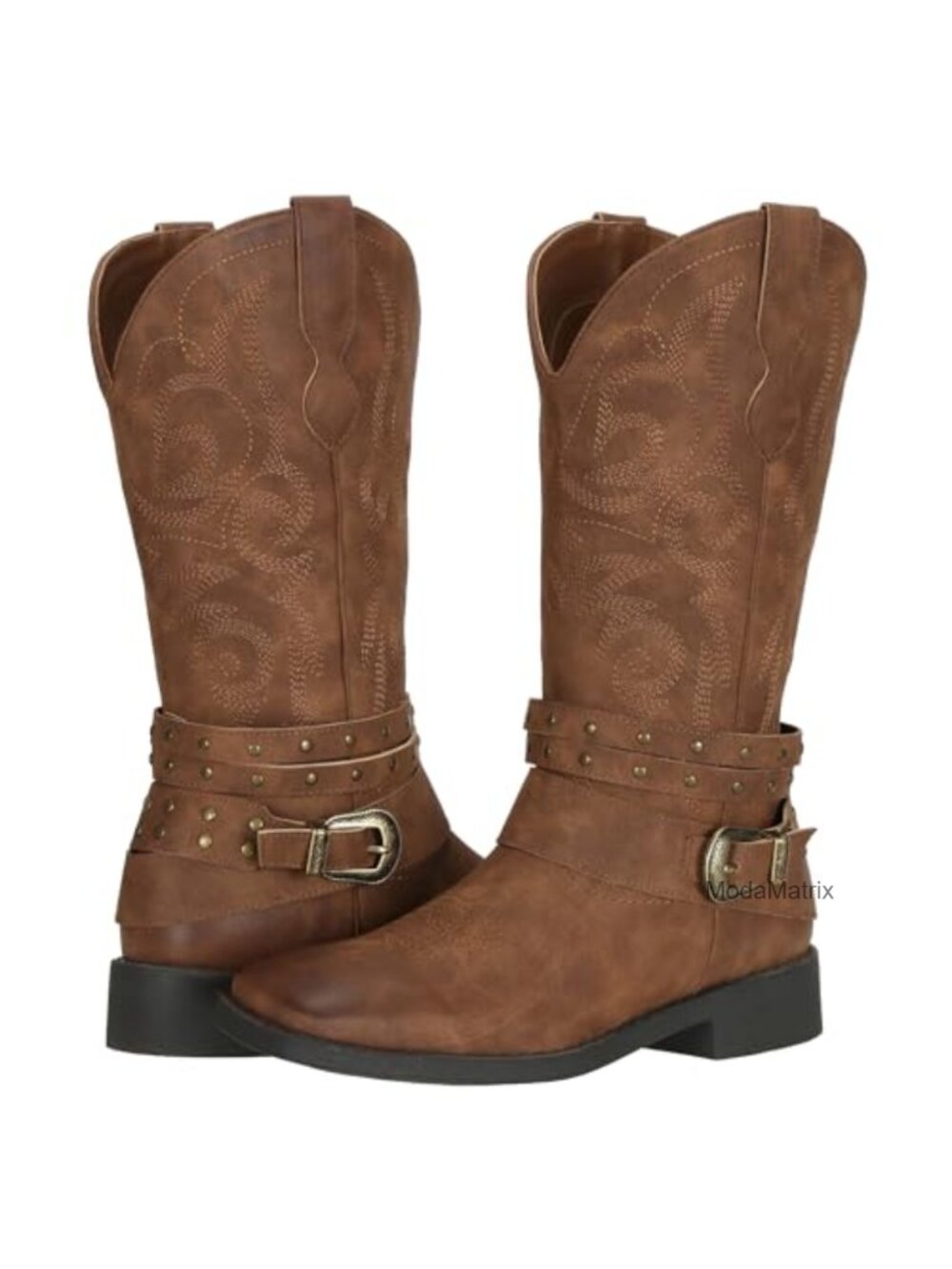 Faux Leather Square Toe Mid Calf Cowgirl Boots with Removable Buckles - Picture 4 of 6